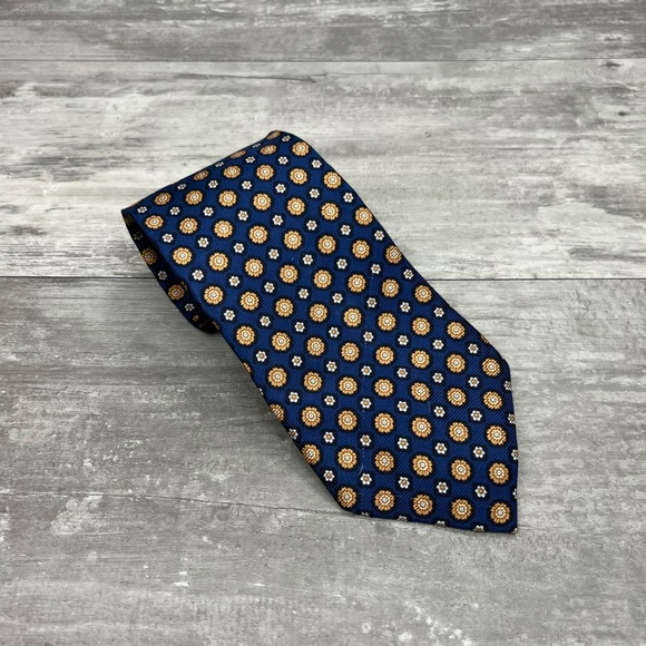 Ermenegildo Zegna Blue w/ Gold, Black & White Medallion Pattern Tie - Picture 1 of 4